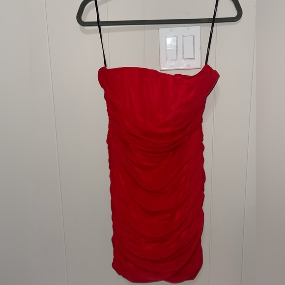 Strapless Red Corset Mesh Ruched Mini Dress - Picture 6 of 6